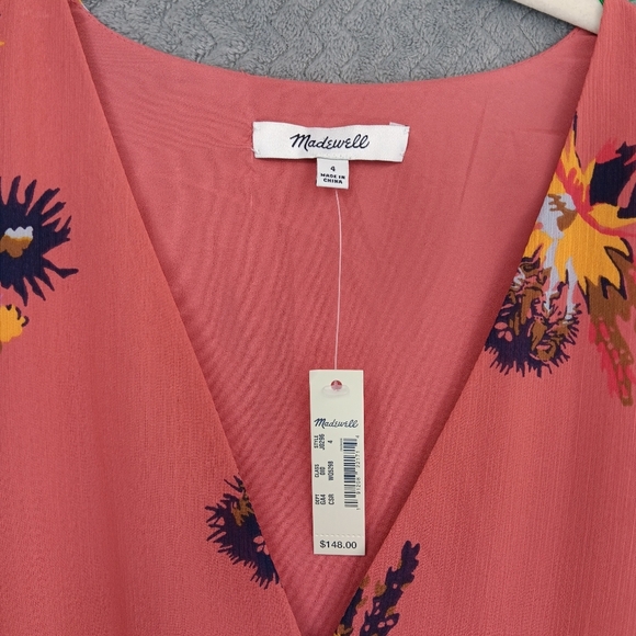 MADEWELL Coral Faux Wrap Posey Cactus Floral Mini Ruffle Dress Fully Lined SZ 4 - Picture 5 of 8